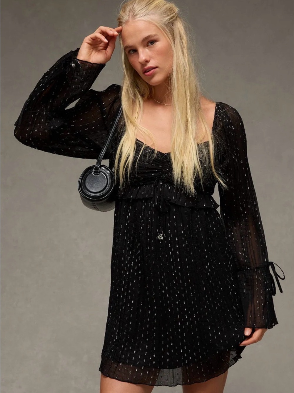 AE Black Sheer Long-Sleeve Mini Dress with Metallic